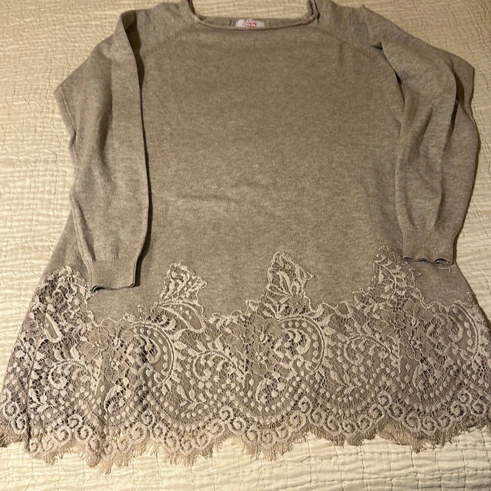 Gray Sweater with Lace Hem